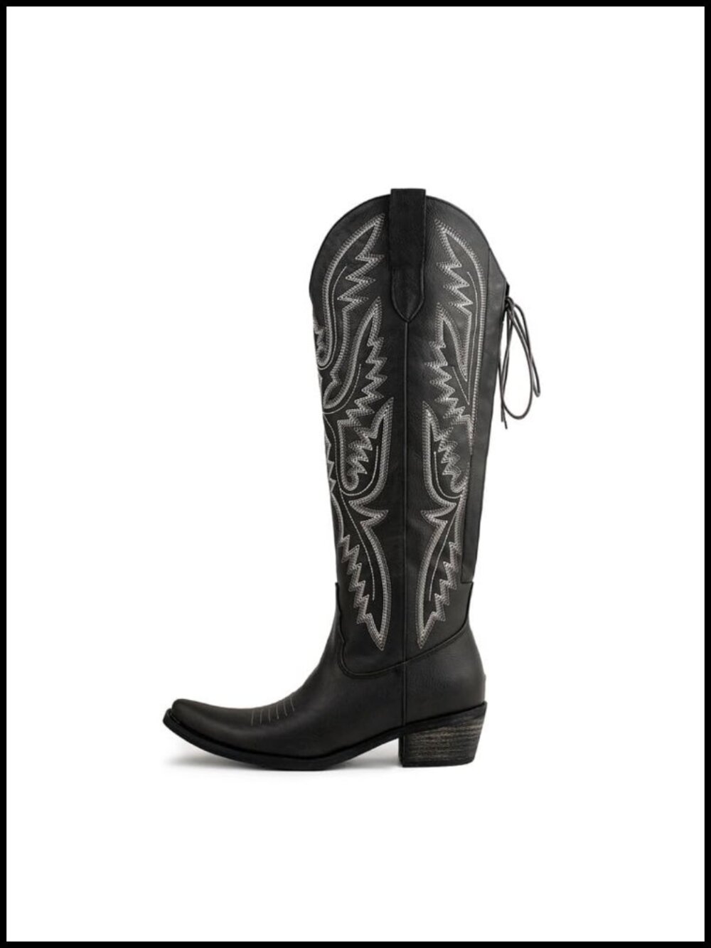 Faux Leather Wide Calf Embroidered Knee High Cowboy Boots Chunky Heel Lace Up